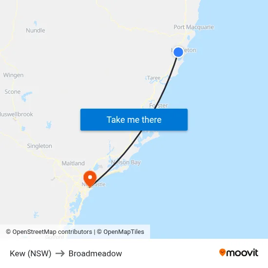 Kew (NSW) to Broadmeadow map