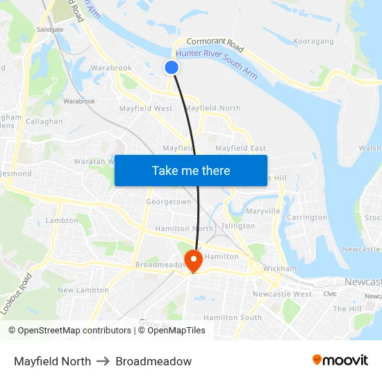 Mayfield North to Broadmeadow map