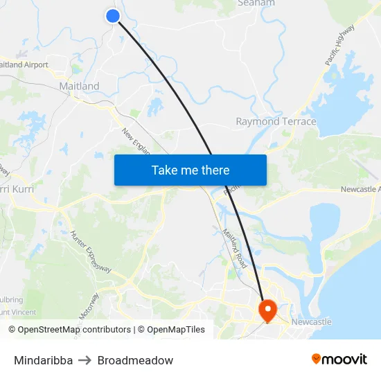 Mindaribba to Broadmeadow map