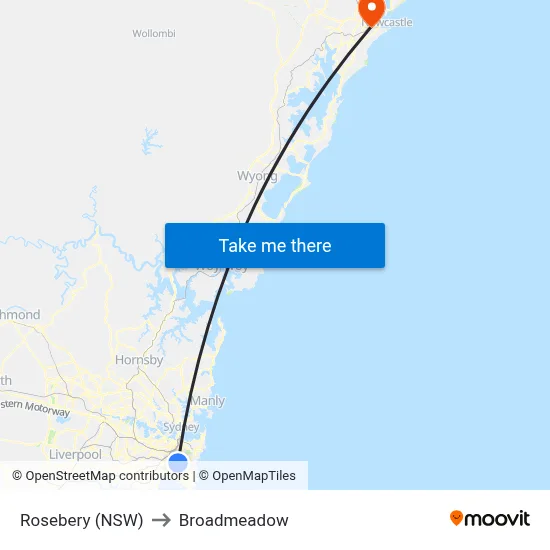 Rosebery (NSW) to Broadmeadow map