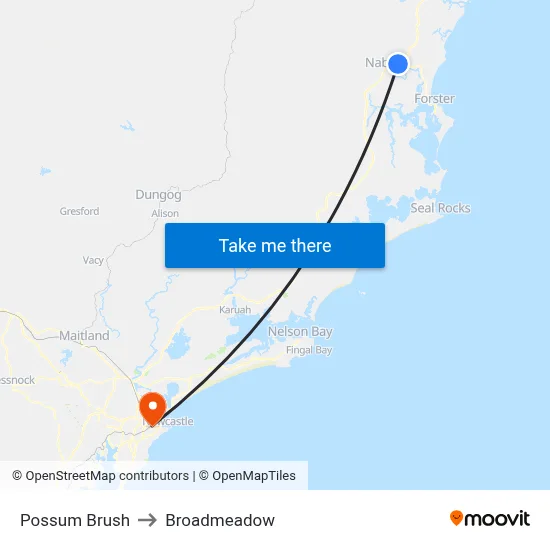 Possum Brush to Broadmeadow map