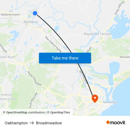 Oakhampton to Broadmeadow map