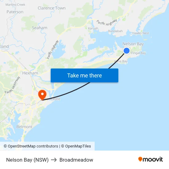 Nelson Bay (NSW) to Broadmeadow map