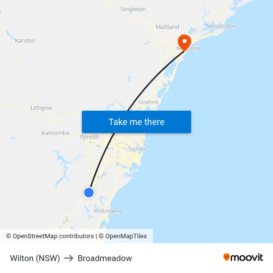 Wilton (NSW) to Broadmeadow map
