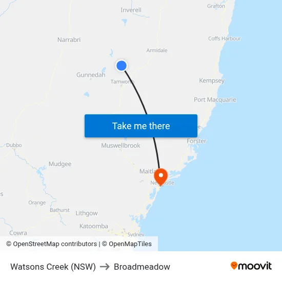 Watsons Creek (NSW) to Broadmeadow map