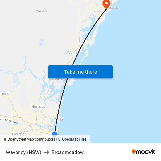 Waverley (NSW) to Broadmeadow map