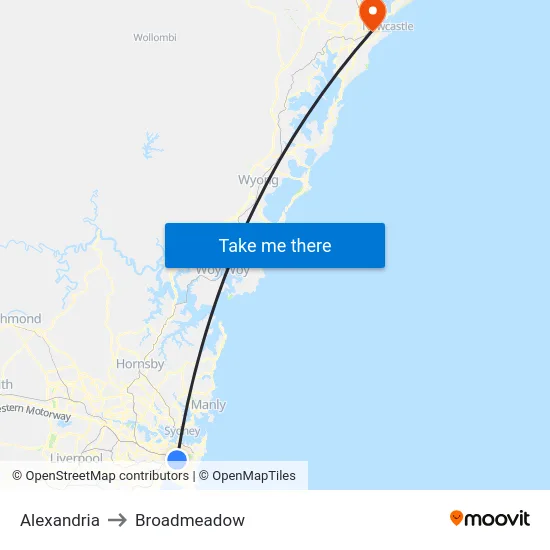 Alexandria to Broadmeadow map