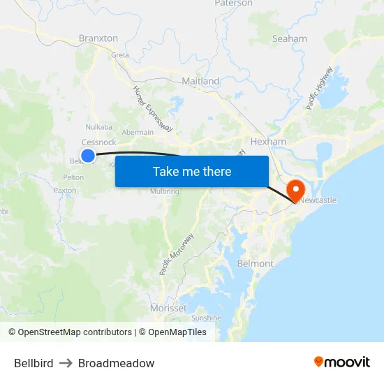 Bellbird to Broadmeadow map