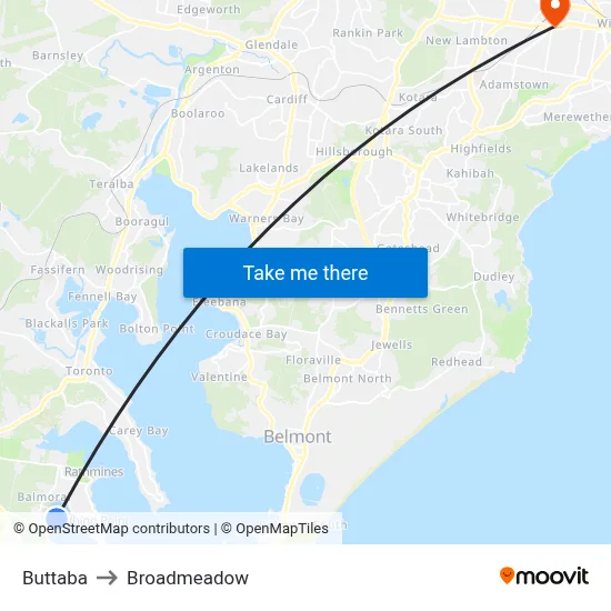 Buttaba to Broadmeadow map