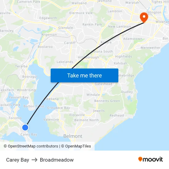 Carey Bay to Broadmeadow map
