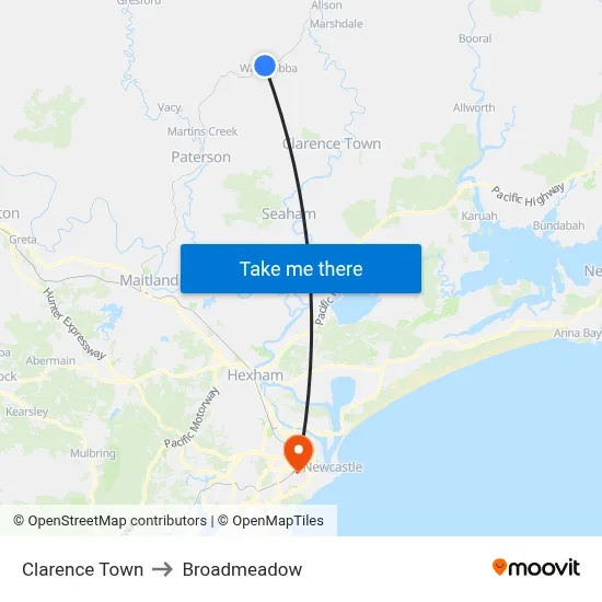 Clarence Town to Broadmeadow map