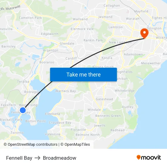 Fennell Bay to Broadmeadow map
