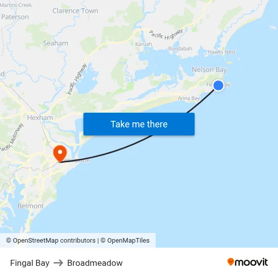 Fingal Bay to Broadmeadow map