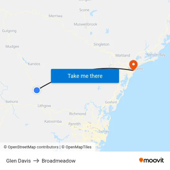 Glen Davis to Broadmeadow map