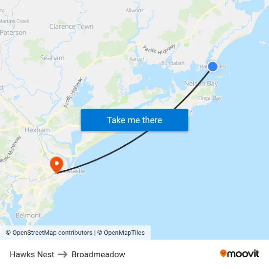 Hawks Nest to Broadmeadow map