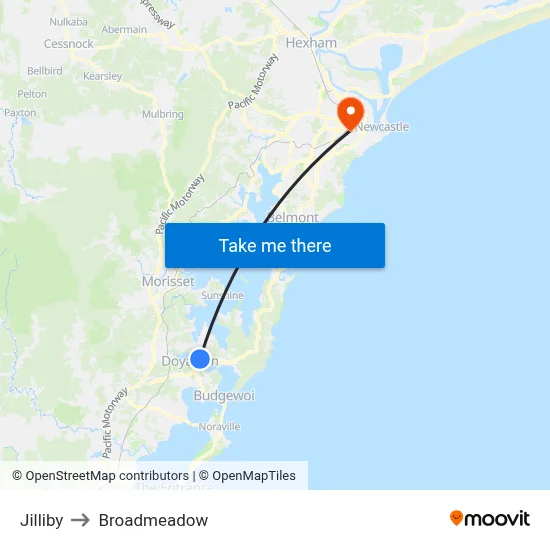 Jilliby to Broadmeadow map