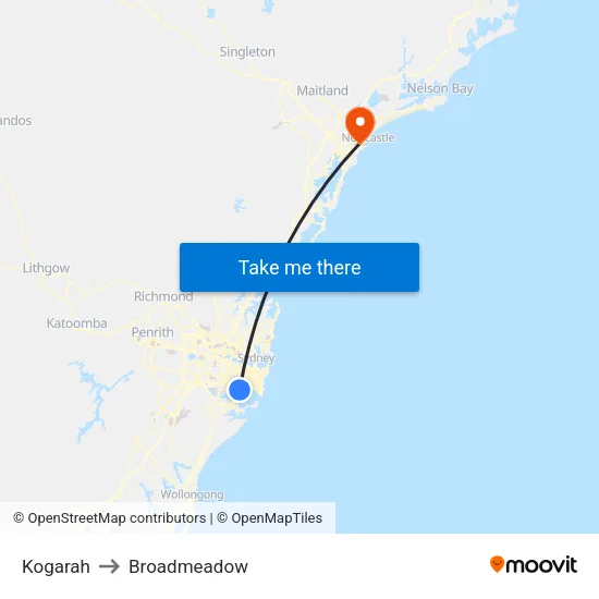Kogarah to Broadmeadow map