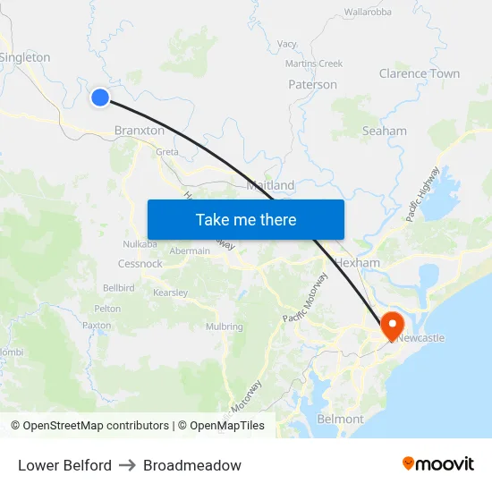 Lower Belford to Broadmeadow map