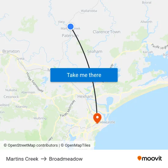 Martins Creek to Broadmeadow map