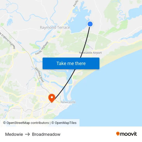 Medowie to Broadmeadow map