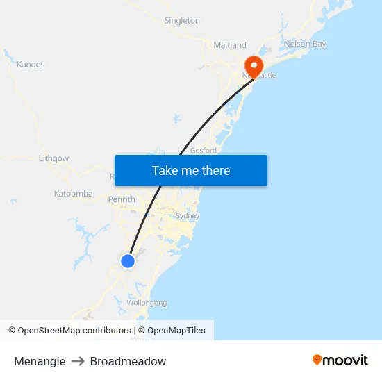 Menangle to Broadmeadow map