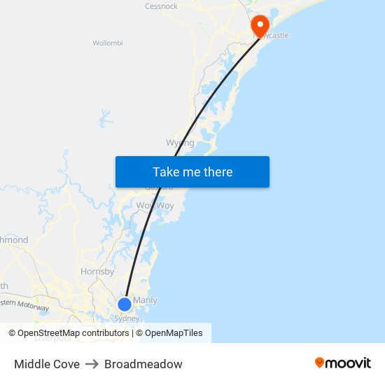 Middle Cove to Broadmeadow map