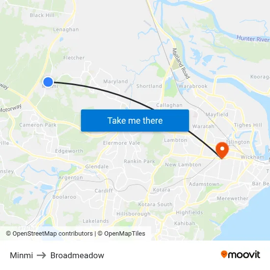 Minmi to Broadmeadow map