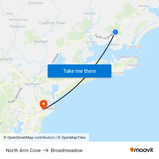North Arm Cove to Broadmeadow map