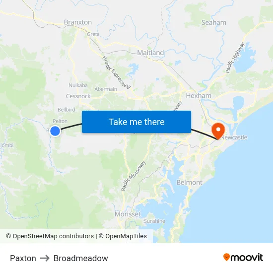 Paxton to Broadmeadow map