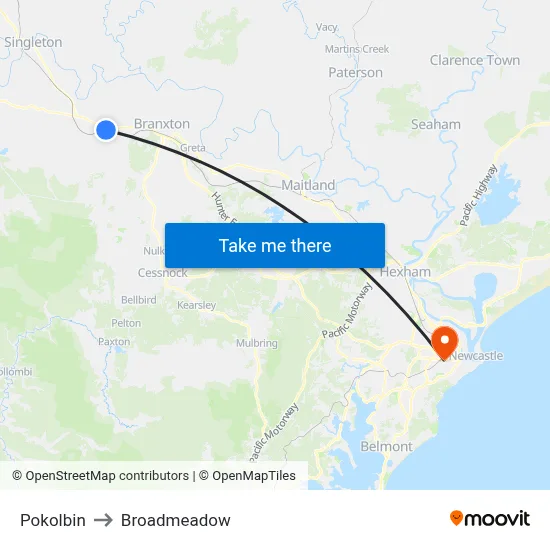 Pokolbin to Broadmeadow map