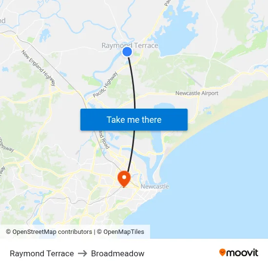 Raymond Terrace to Broadmeadow map