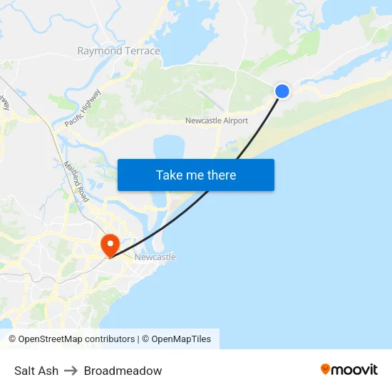 Salt Ash to Broadmeadow map