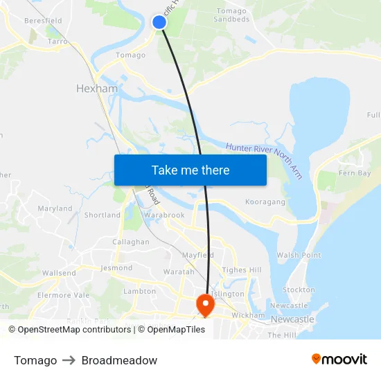 Tomago to Broadmeadow map
