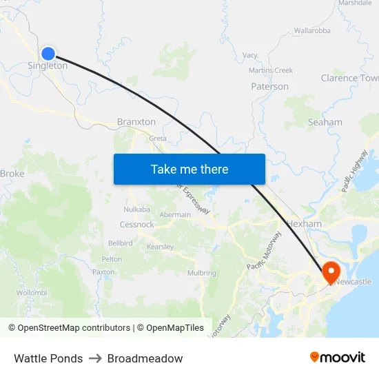 Wattle Ponds to Broadmeadow map