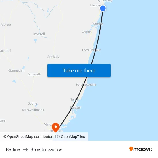 Ballina to Broadmeadow map
