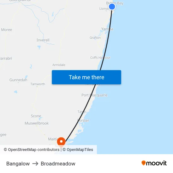 Bangalow to Broadmeadow map