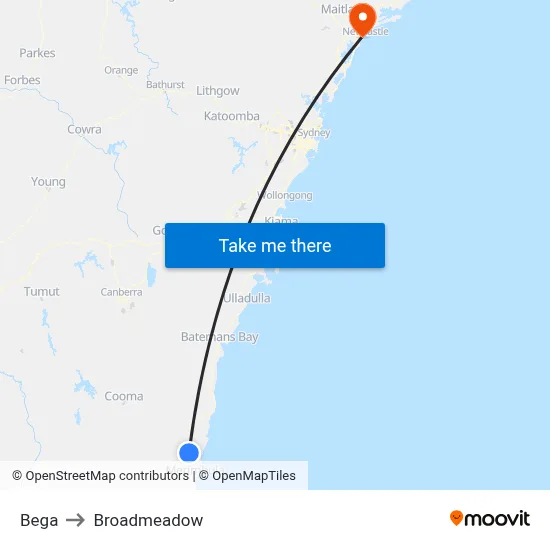 Bega to Broadmeadow map