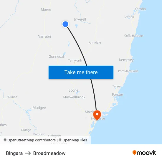 Bingara to Broadmeadow map