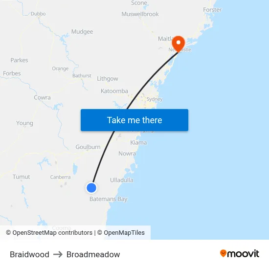 Braidwood to Broadmeadow map