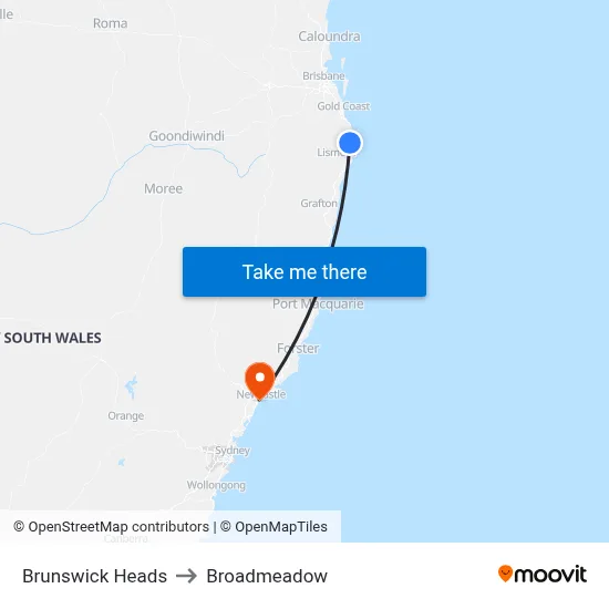 Brunswick Heads to Broadmeadow map
