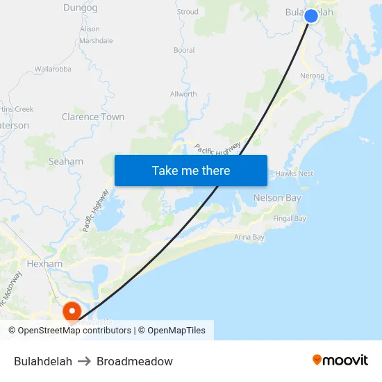 Bulahdelah to Broadmeadow map