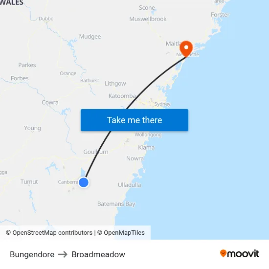 Bungendore to Broadmeadow map