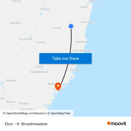 Ebor to Broadmeadow map