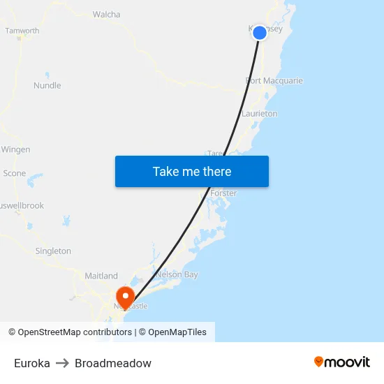 Euroka to Broadmeadow map