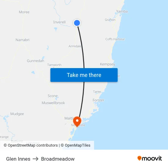 Glen Innes to Broadmeadow map