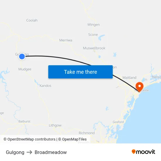 Gulgong to Broadmeadow map