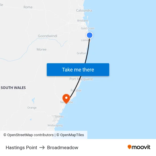 Hastings Point to Broadmeadow map