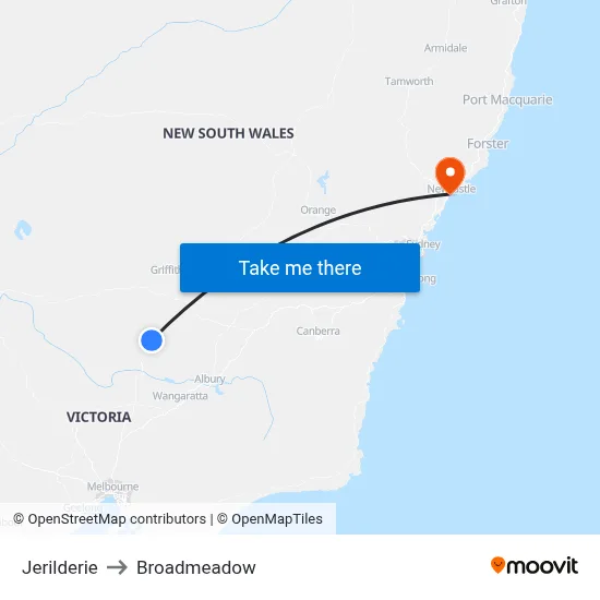 Jerilderie to Broadmeadow map