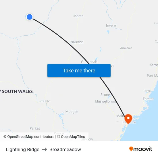 Lightning Ridge to Broadmeadow map