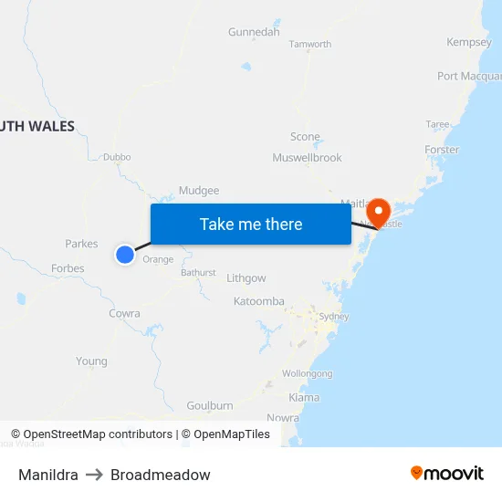 Manildra to Broadmeadow map